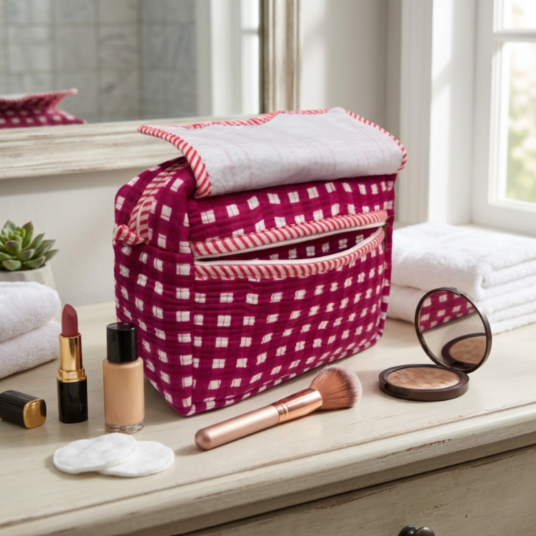 Multi-Pocket Travel Cosmetic Case with Flap & Front Zip — Handcrafted Quilted Block Print | RajPadmini