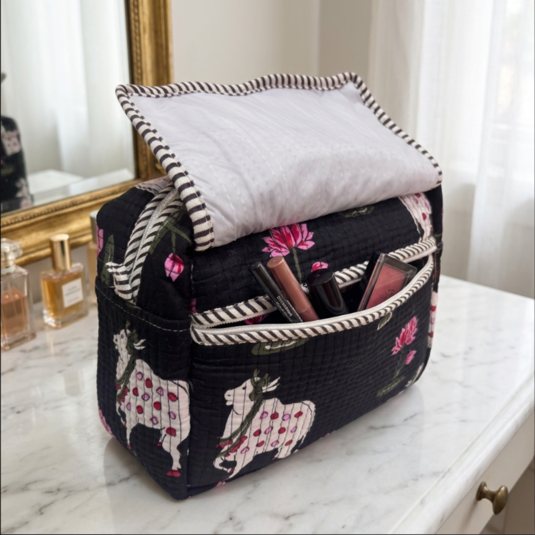 Multi-Pocket Travel Cosmetic Case with Flap & Front Zip — Handcrafted Quilted Block Print | RajPadmini