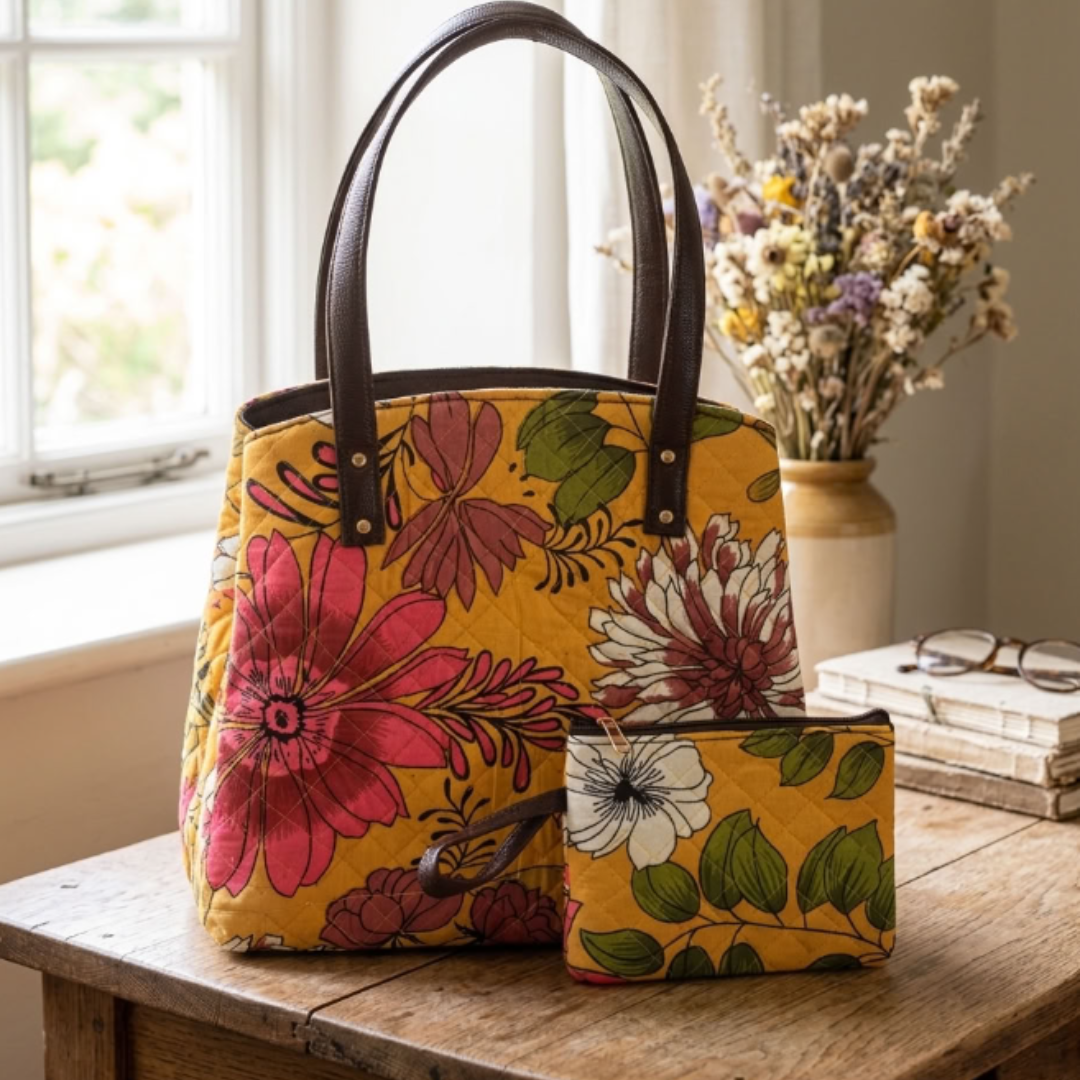 The House of RajPadmini Cross Quilted Cotton Tote Bag with Matching Pouch