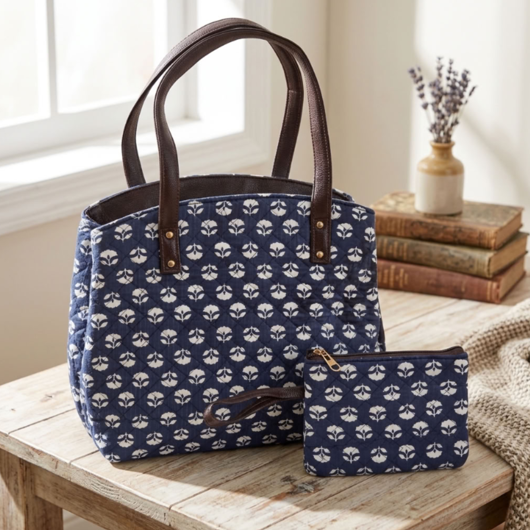 The House of RajPadmini Cross Quilted Cotton Tote Bag with Matching Pouch