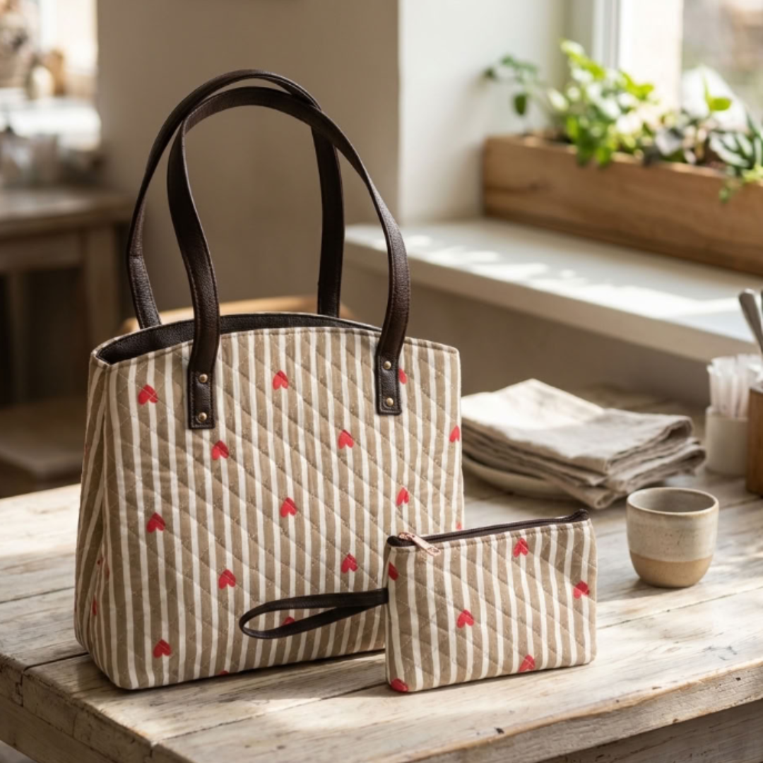 The House of RajPadmini Cross Quilted Cotton Tote Bag with Matching Pouch