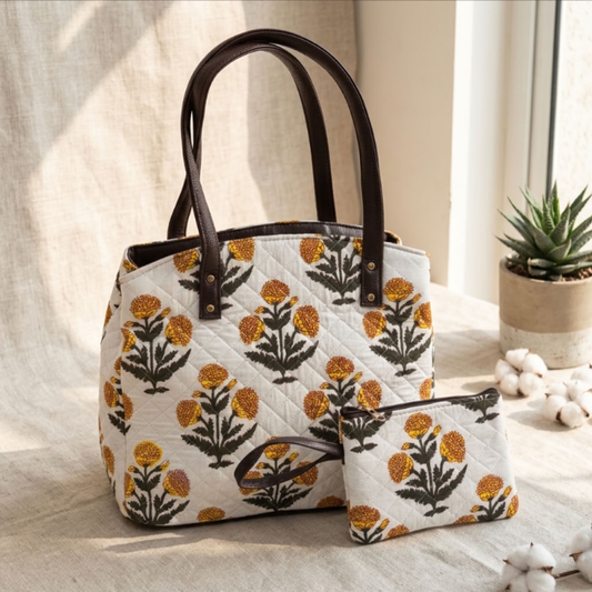The House of RajPadmini Cross Quilted Cotton Tote Bag with Matching Pouch