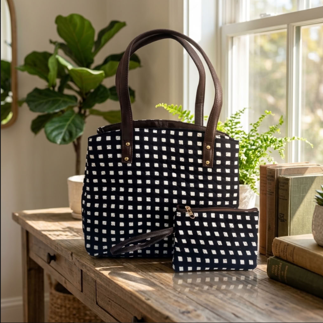 The House of RajPadmini Cross Quilted Cotton Tote Bag with Matching Pouch