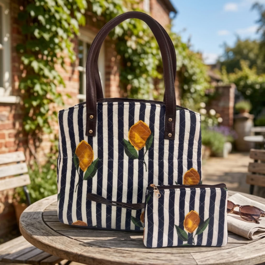 The House of RajPadmini Cross Quilted Cotton Tote Bag with Matching Pouch