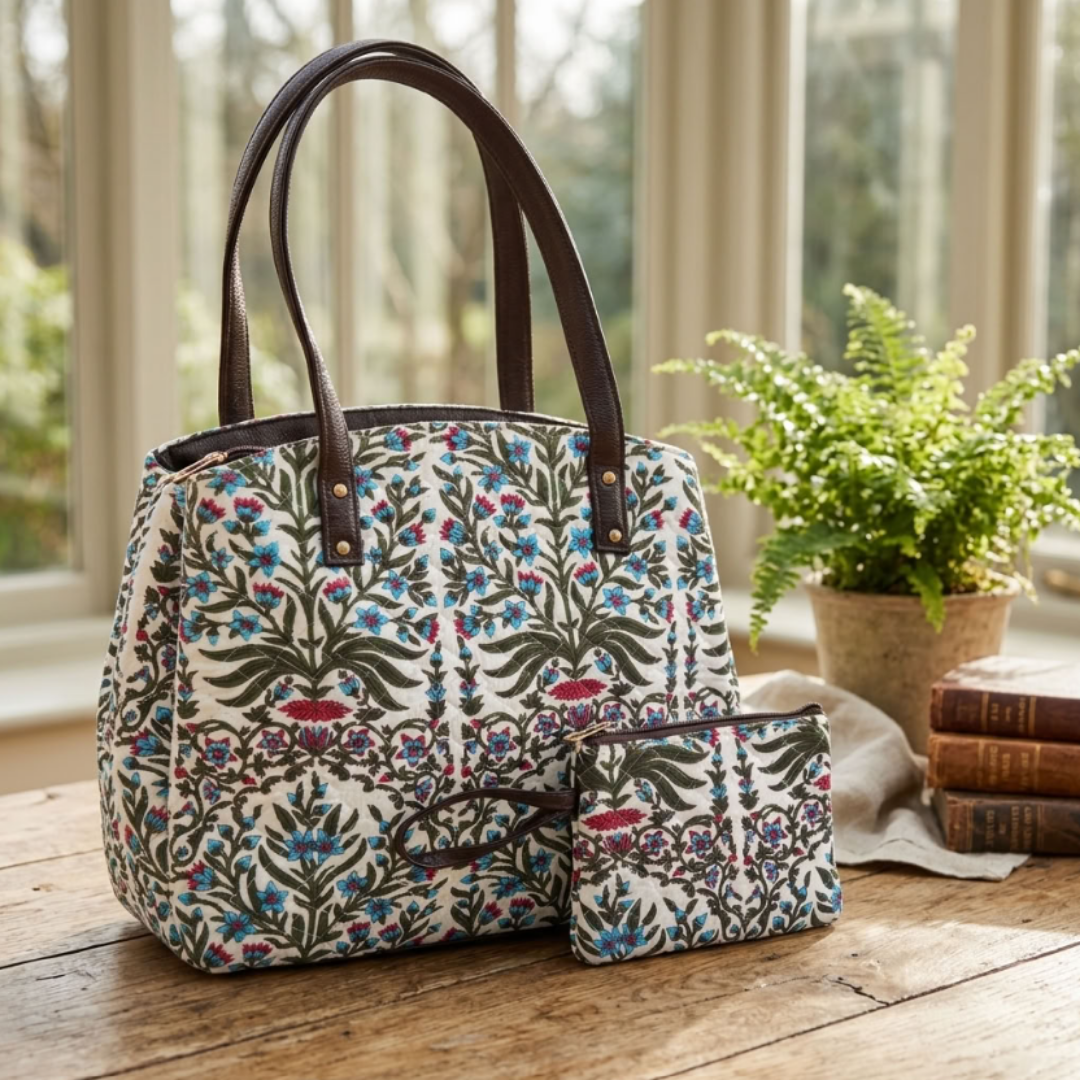 The House of RajPadmini Cross Quilted Cotton Tote Bag with Matching Pouch