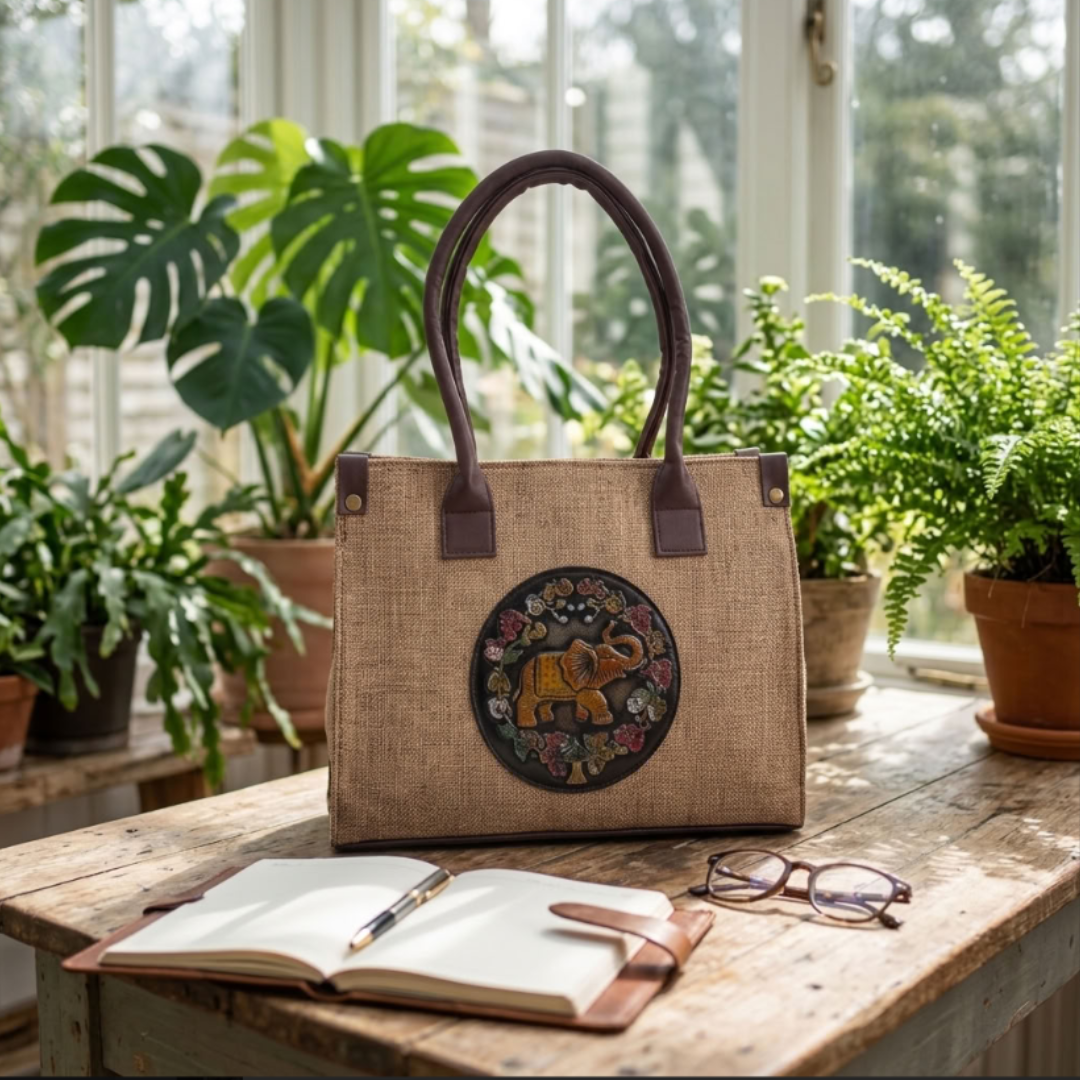 The House of RajPadmini Jute Tote Bag with Medallion Embossed Print