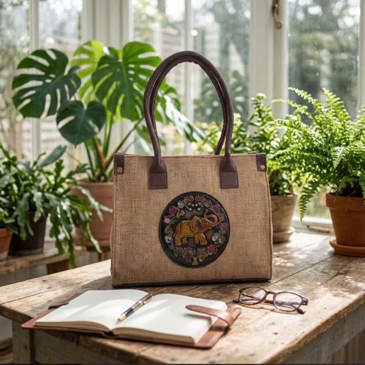 The House of RajPadmini Jute Tote Bag with Medallion Embossed Print
