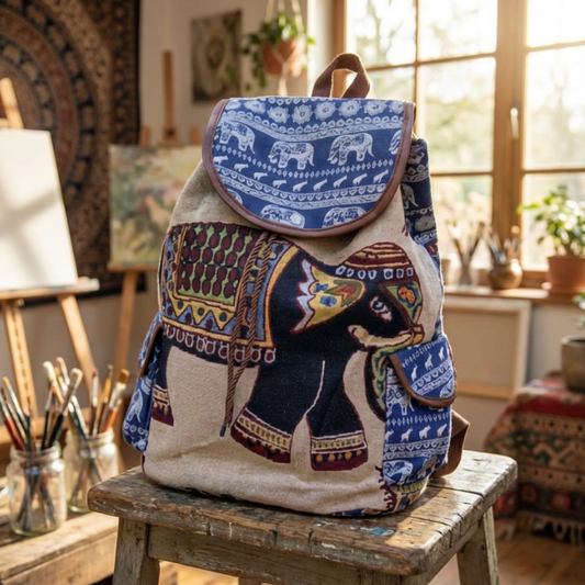 Trekking Paradise Edition: Canvas Elephant Print Drawstring Backpack