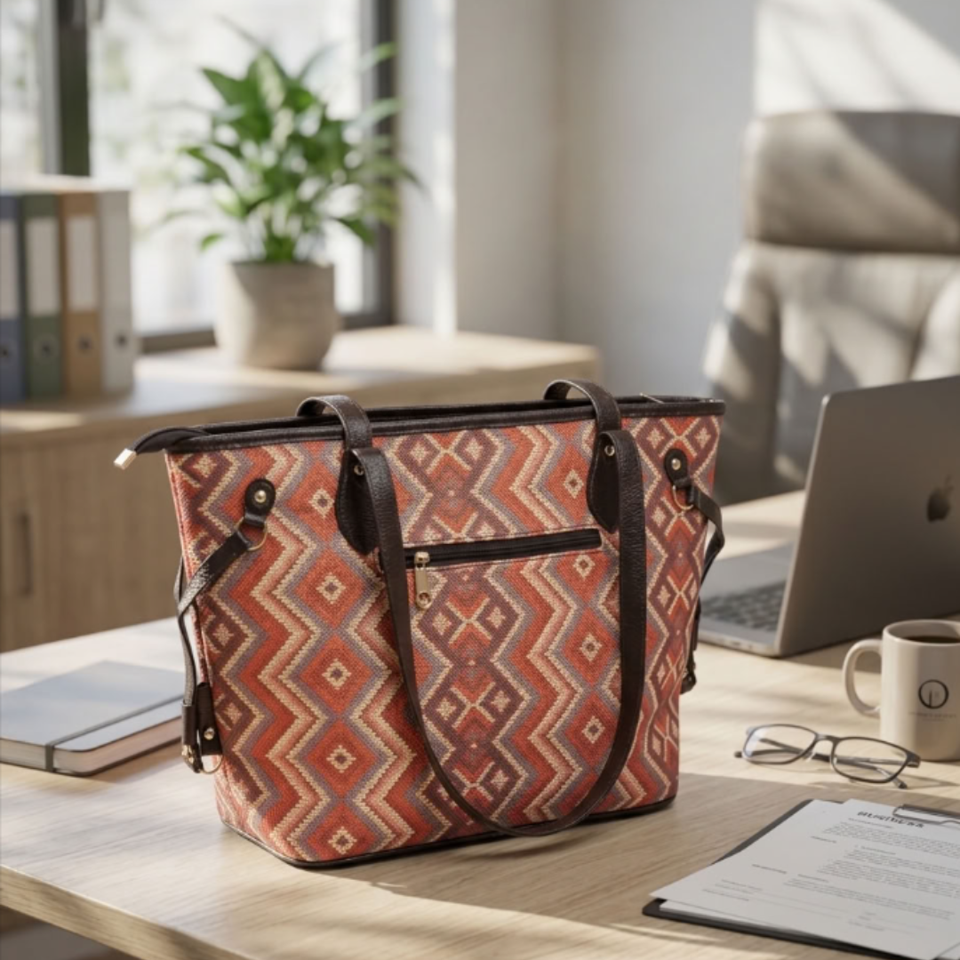 The House of RajPadmini Printed Tote Bag with Complimentary Pouch | Boho Geometric Print