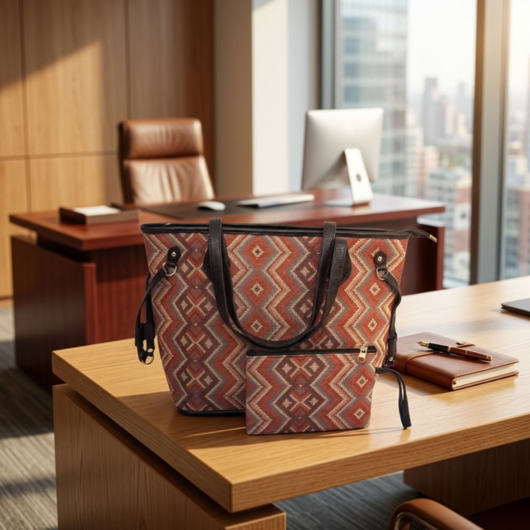 The House of RajPadmini Printed Tote Bag with Complimentary Pouch | Boho Geometric Print