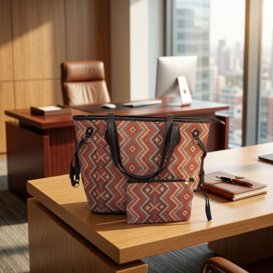 The House of RajPadmini Printed Tote Bag with Complimentary Pouch | Boho Geometric Print
