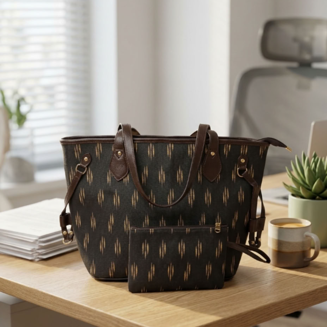 The House of RajPadmini Printed Tote Bag with Complimentary Pouch | Boho Geometric Print