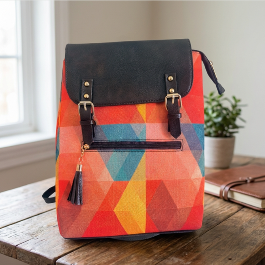 Geometric Sunset Heritage Backpack - Desert Kaleidoscope Collection | Hand-Woven Tribal Pattern
