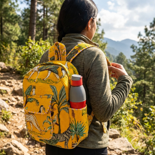 The Jungle Book Edition:- Premium Quilted Yellow Cotton Backpack with Animal Print Design - Stylish Eco-Friendly Bag for School, Travel, and Everyday Adventures