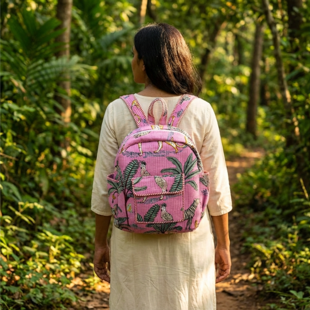 The Jungle Book Edition:- Premium Quilted Pink Cotton Backpack with Animal Print Design - Stylish Eco-Friendly Bag for School, Travel, and Everyday Adventures