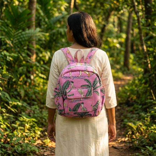 The Jungle Book Edition:- Premium Quilted Pink Cotton Backpack with Animal Print Design - Stylish Eco-Friendly Bag for School, Travel, and Everyday Adventures