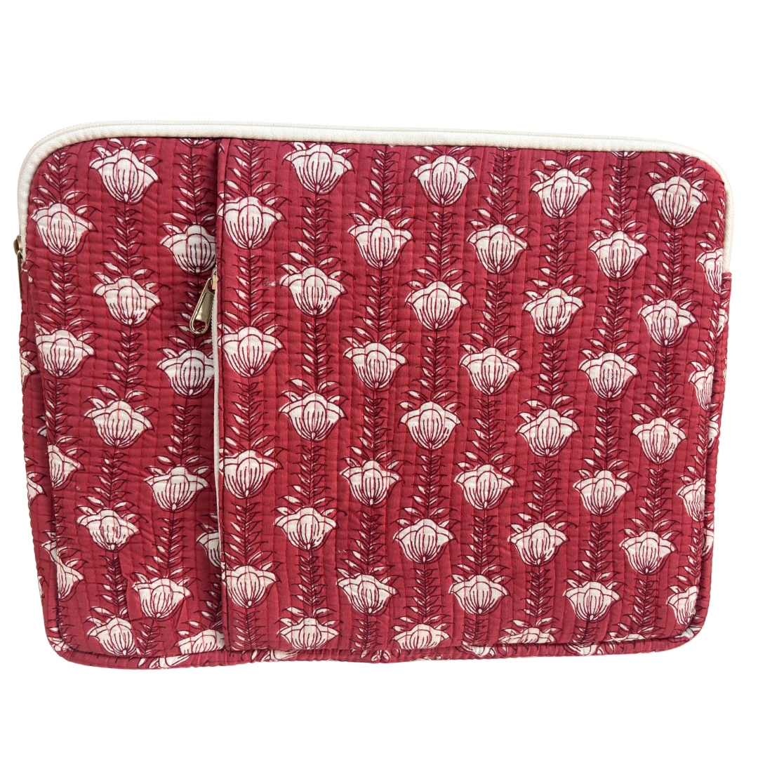 Dark Pink laptop sleeve front view showing 250 GSM quilted cotton and heritage Indian print