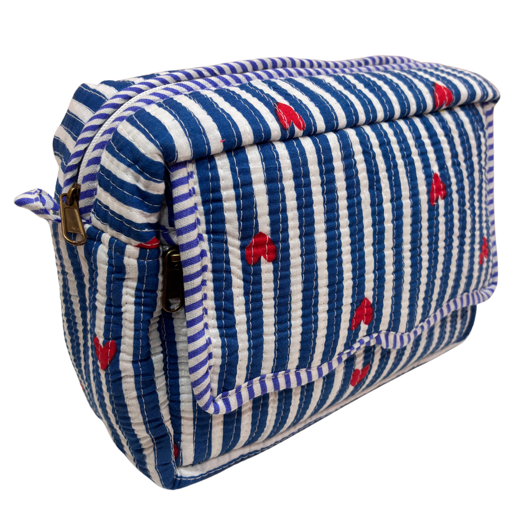 Multi-Pocket Travel Cosmetic Case with Flap & Front Zip — Handcrafted Quilted Block Print | RajPadmini
