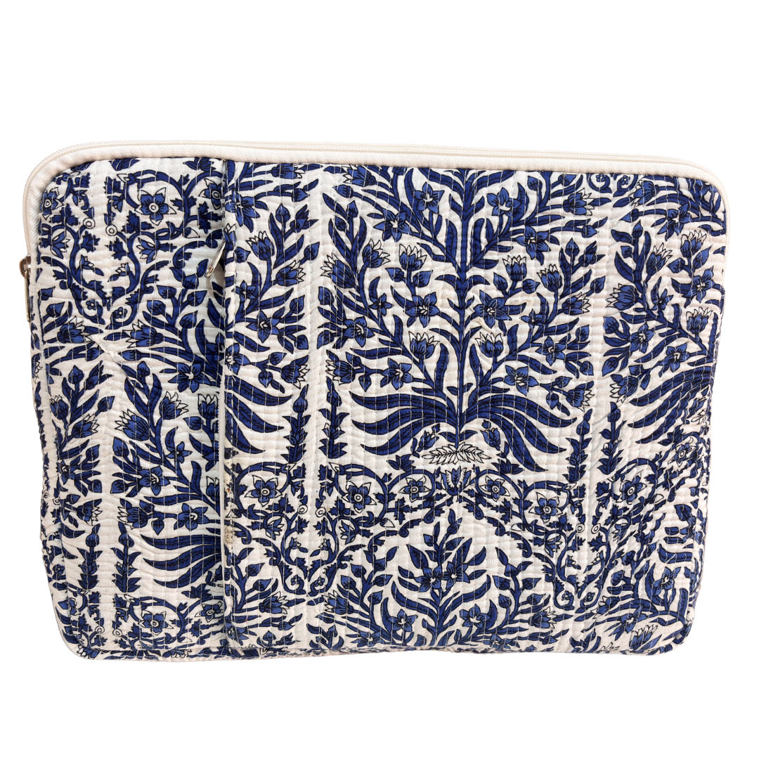 White and Blue laptop sleeve front view showing 250 GSM quilted cotton and floral archway print