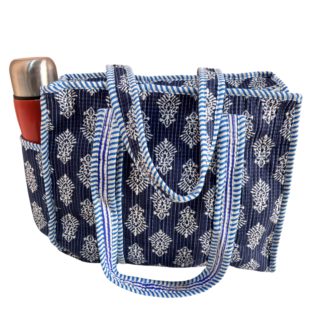 Blue quilted tote bag front view — handcrafted block print cotton from Jaipur