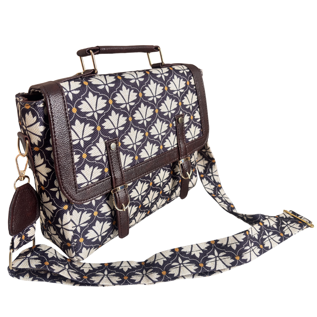Grey Floral Briefcase Sling Bag – side profile with detachable printed sling belt and gold-toned hardware