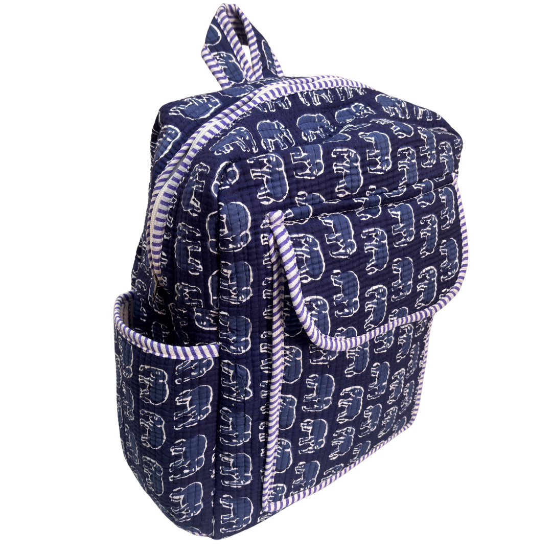 The Jungle Book Edition:- Premium Quilted Blue Cotton Backpack with Animal Print Design - Stylish Eco-Friendly Bag for School, Travel, and Everyday Adventures