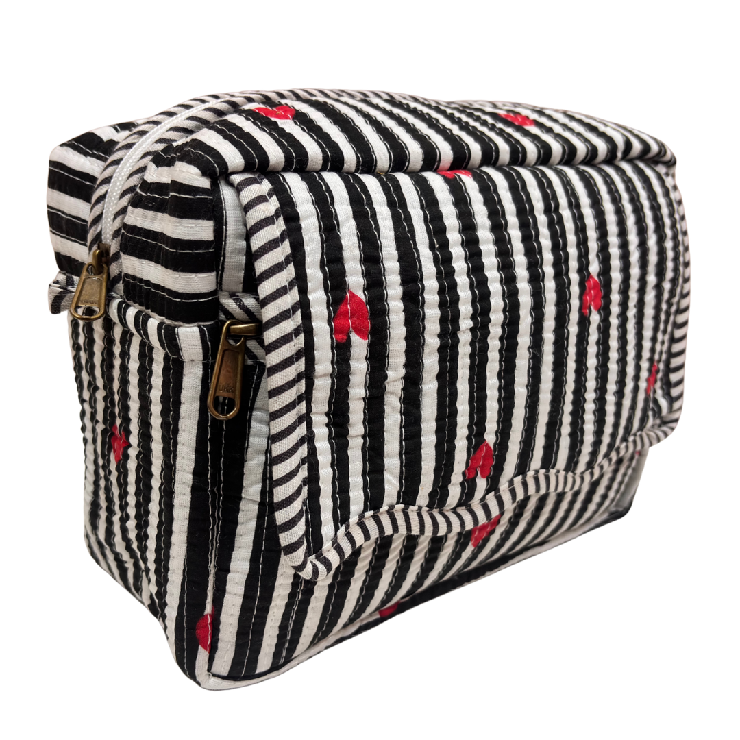 Multi-Pocket Travel Cosmetic Case with Flap & Front Zip — Handcrafted Quilted Block Print | RajPadmini