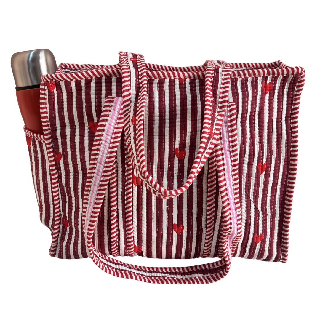 Heart Red quilted tote bag front view — handcrafted block print cotton from Jaipur