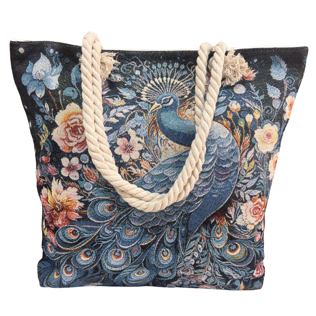 Peacock & Floral Print Canvas Beach Tote — Handcrafted Waterproof Tote with Zip Closure | The House of RajPadmini