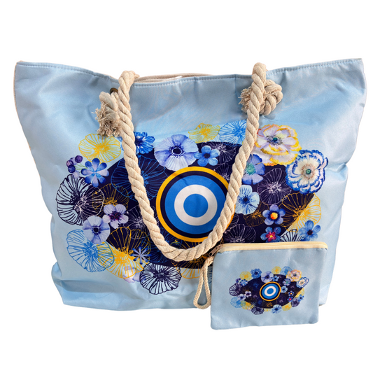 The Beach Party Edition:- Sky Blue Evil Eye Print Beach Tote Bag with complimentary Pouch