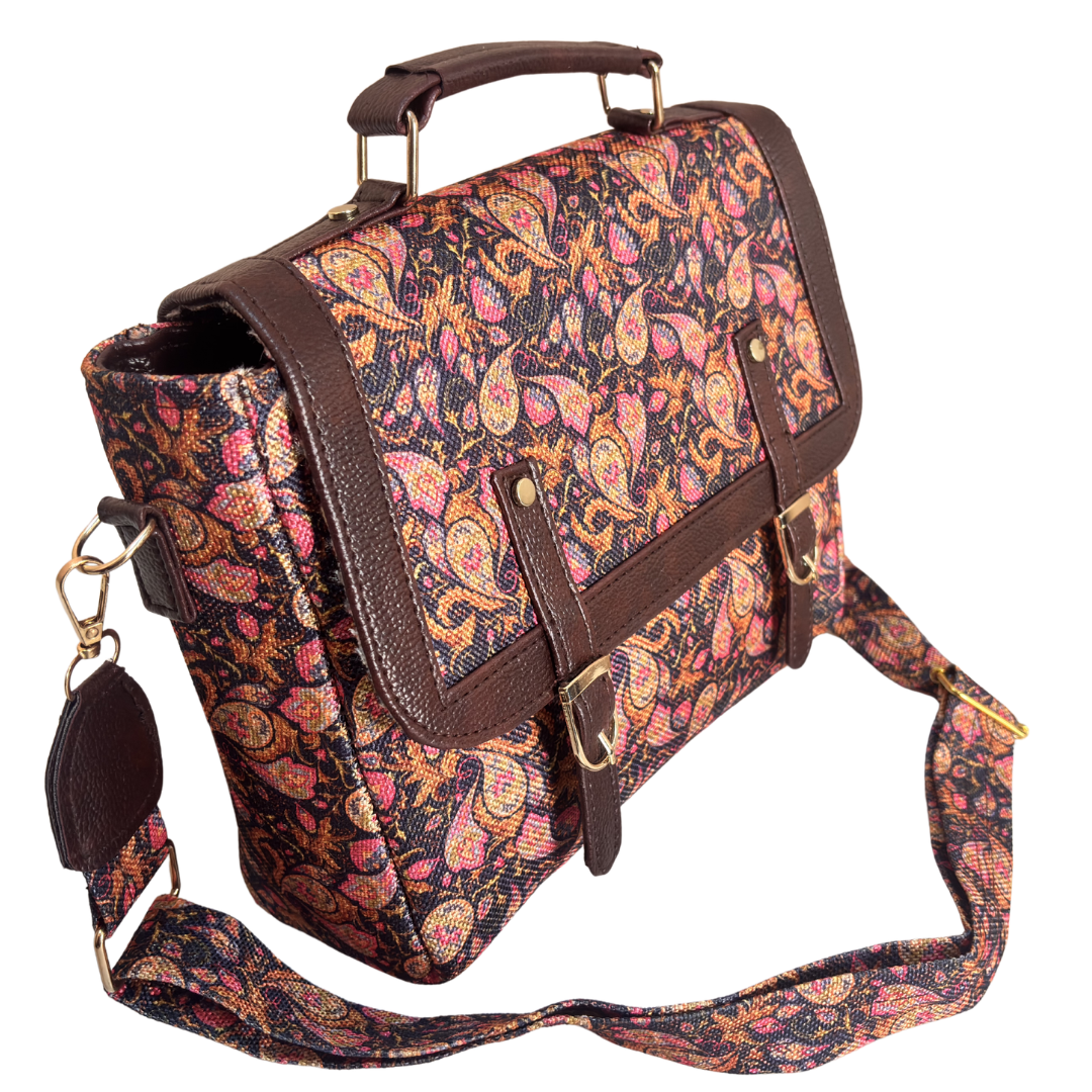 Brown Heritage Floral Briefcase Sling Bag – side profile showing detachable printed sling belt and gold-toned hardware