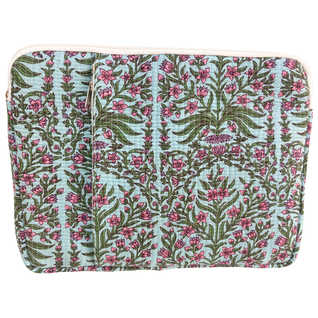 Azure Blue laptop sleeve front view showing 250 GSM quilted cotton and botanical Indian print