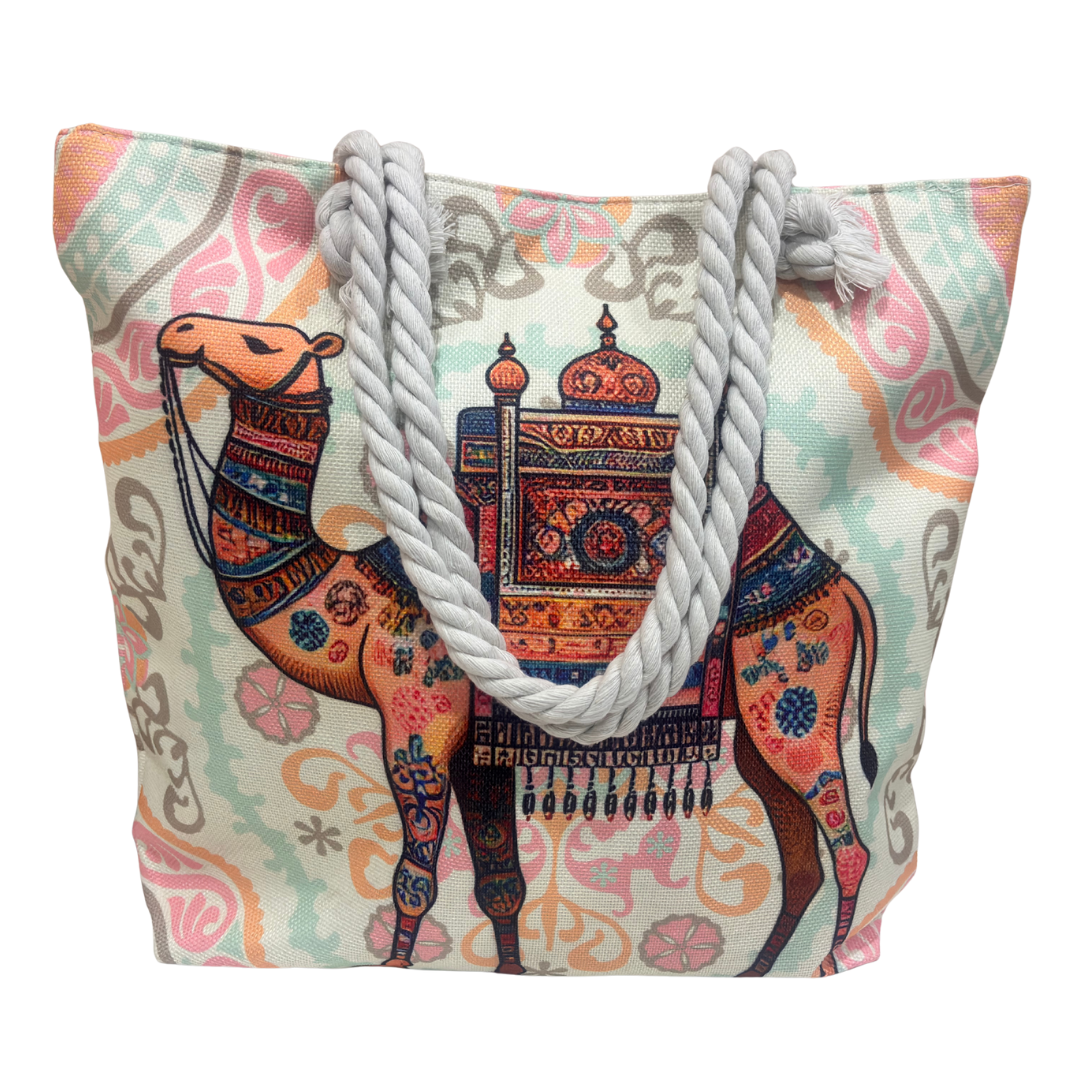 The House of RajPadmini Desert Caravan Edition | Waterproof Jaipuri Print Beach Tote with Peacock & Camel Motifs