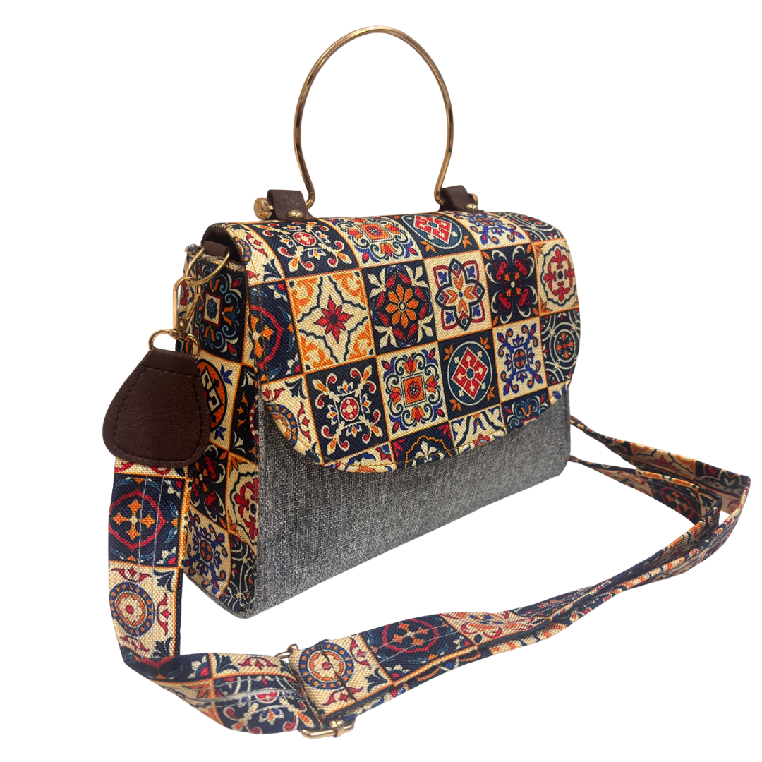 The House of RajPadmini Sanganer Heritage Edition | Hand-Block Print Sling Bag with Signature Metal Ring Handle & Double Partition