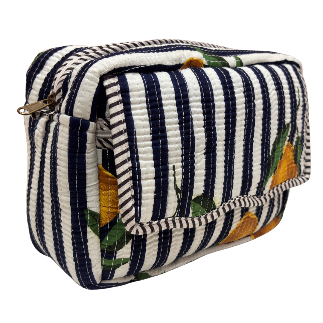 Multi-Pocket Travel Cosmetic Case with Flap & Front Zip — Handcrafted Quilted Block Print | RajPadmini