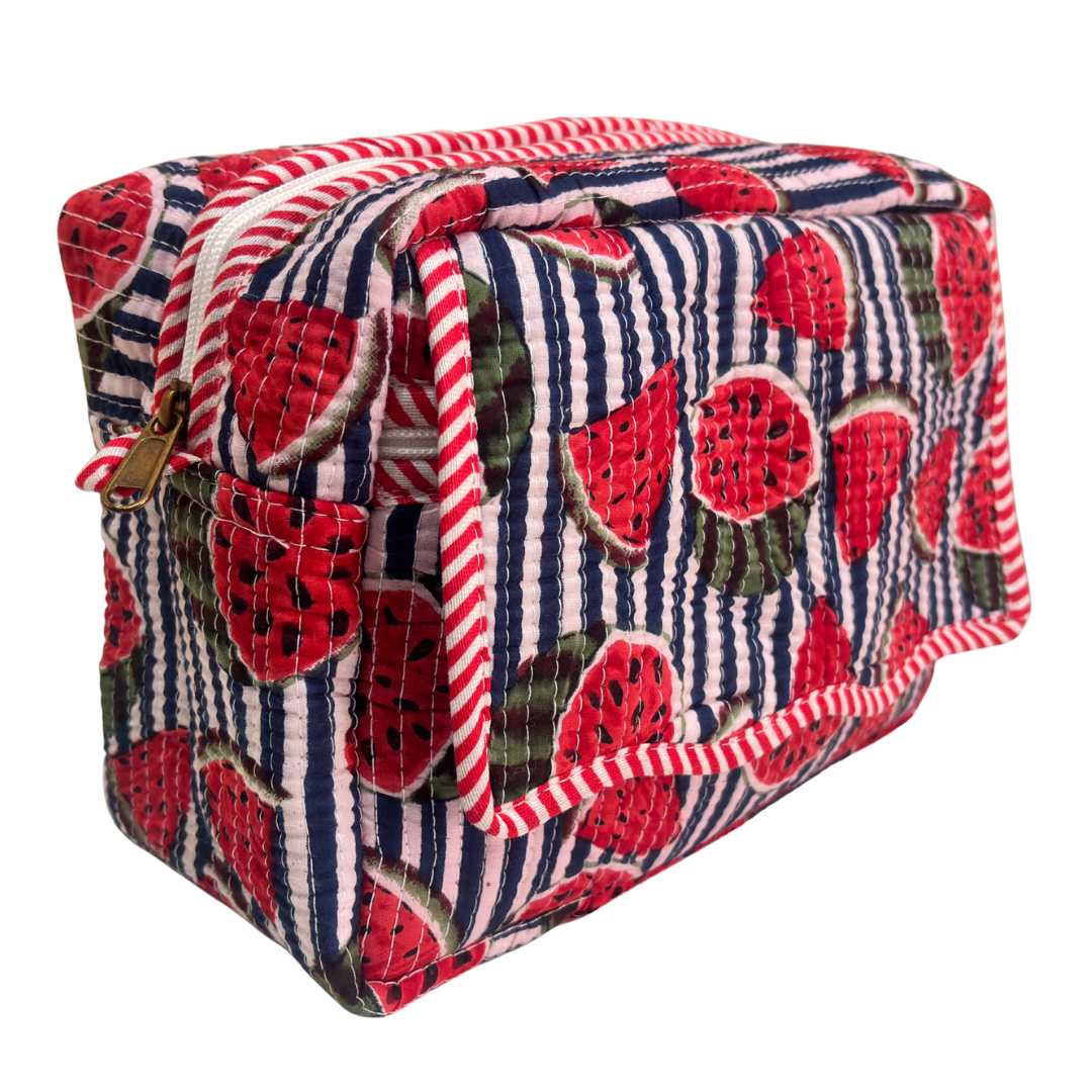 Multi-Pocket Travel Cosmetic Case with Flap & Front Zip — Handcrafted Quilted Block Print | RajPadmini