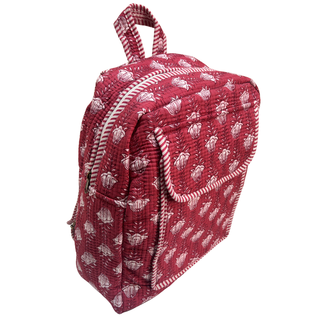 Pink quilted floral backpack front — handcrafted cotton from Jaipur