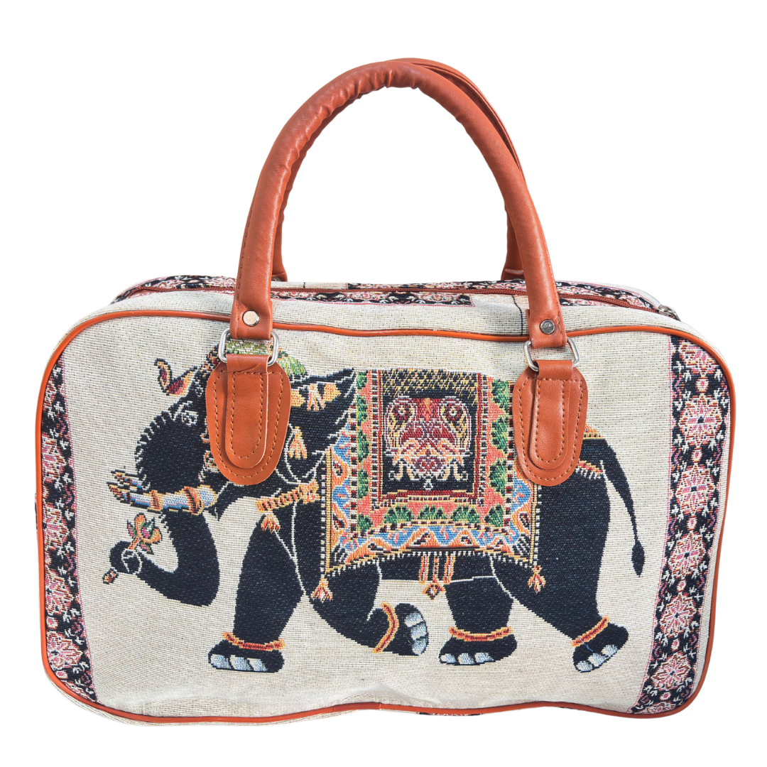 Creamy Beige Elephant Print Washable Duffle Bag