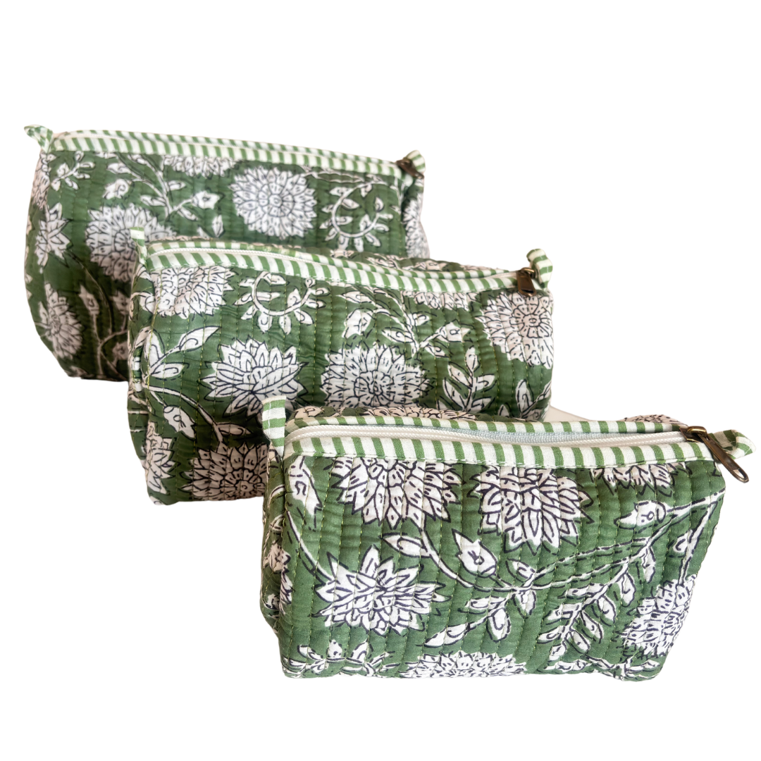 The Alfred Edition Travel Accessory:- Premium Waterproof Quilted Floral Green Cotton Beauty/Travel Organizer Bag for Men & Women (Set of 3) - The House of RajPadmini