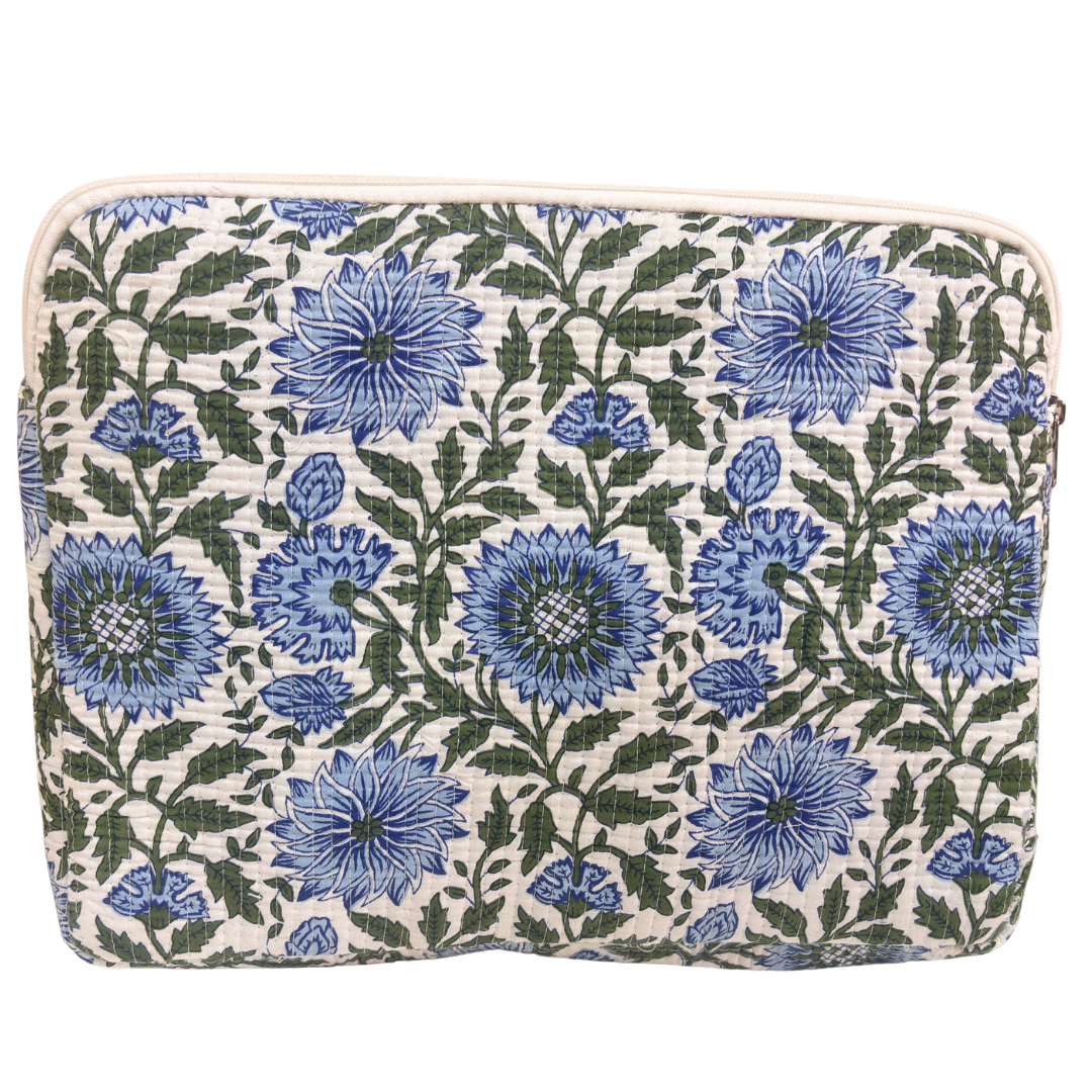 Quilted Cotton Laptop Sleeve with External Pocket — Handcrafted 14-inch Sleeve | The House of RajPadmini