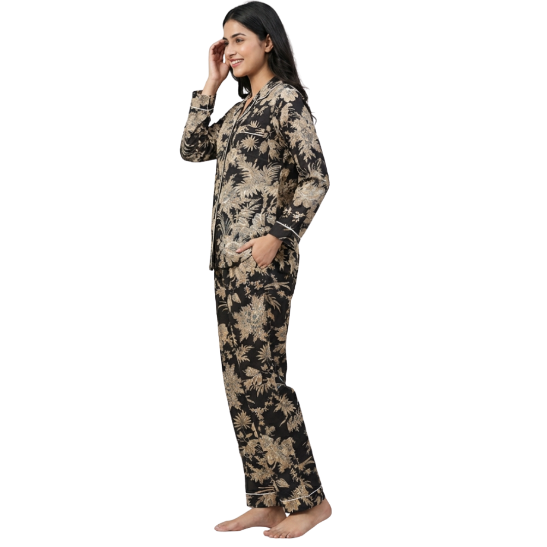 Gulmer by RajPadmini — The Night Blossom Mulmul Cotton Cord Set with matching Cover| Deep Black Nightsuit for Women | Breathable Loungewear with Collar Shirt & Pants