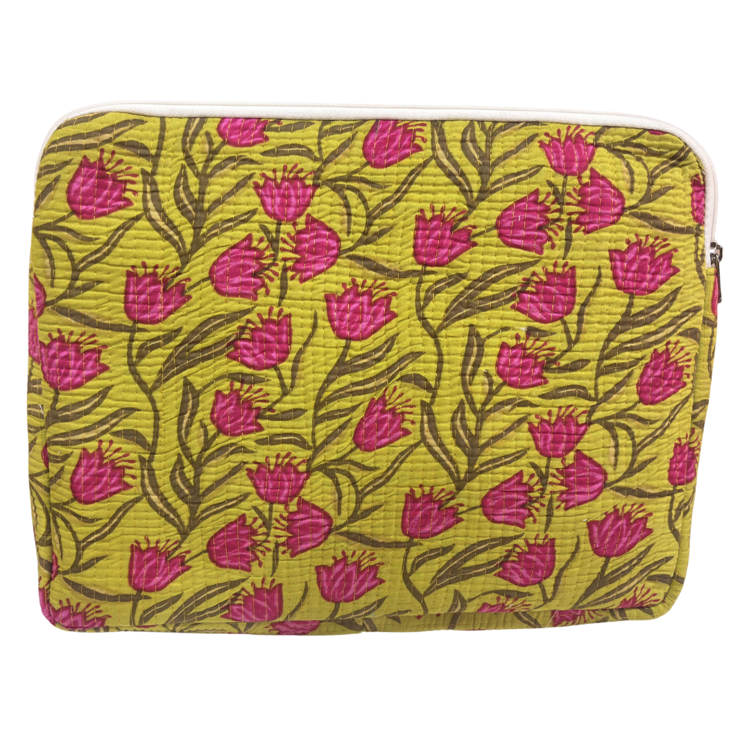 Quilted Cotton Laptop Sleeve with External Pocket — Handcrafted 14-inch Sleeve | The House of RajPadmini