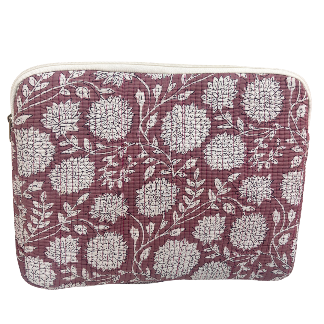 Quilted Cotton Laptop Sleeve with External Pocket — Handcrafted 14-inch Sleeve | The House of RajPadmini