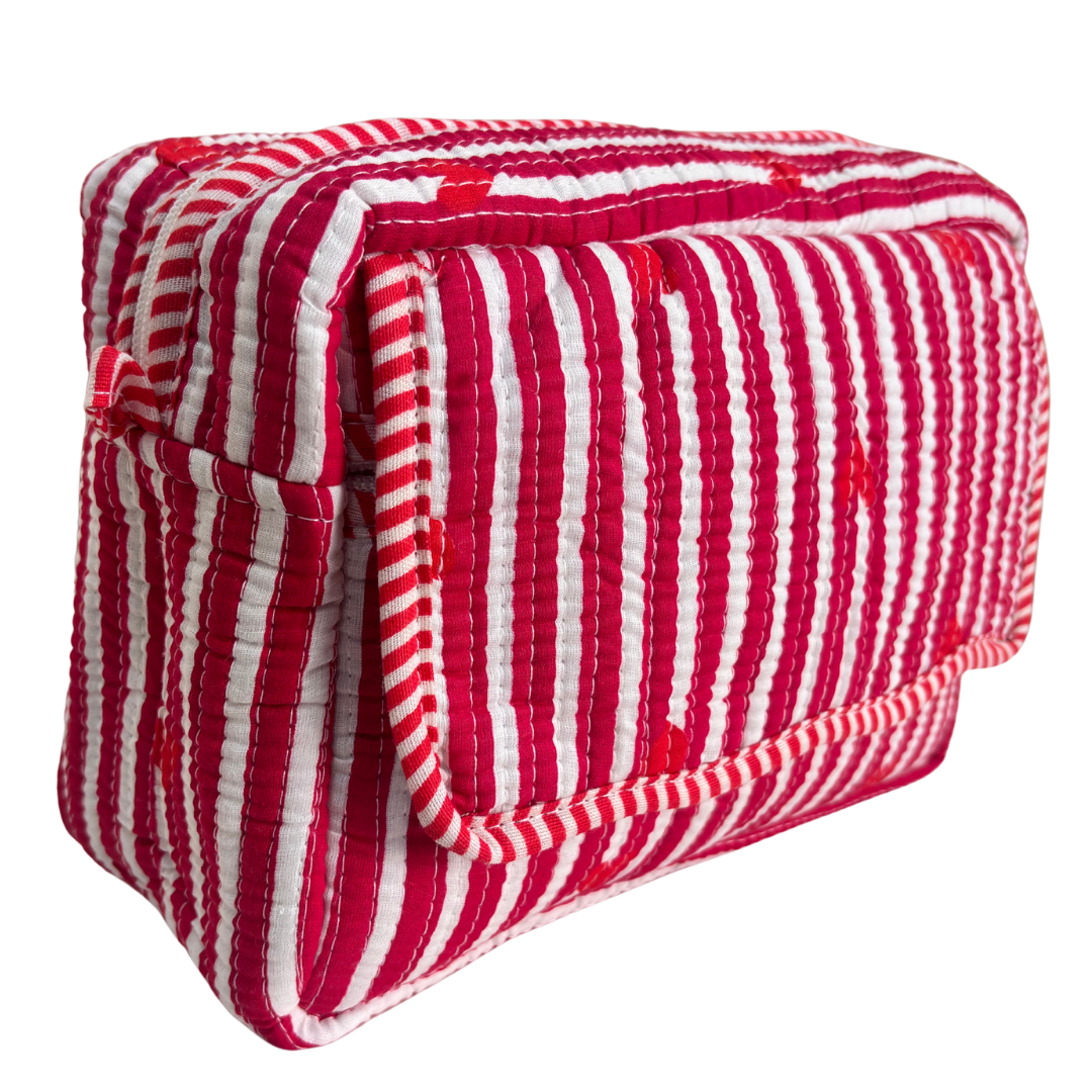 Multi-Pocket Travel Cosmetic Case with Flap & Front Zip — Handcrafted Quilted Block Print | RajPadmini
