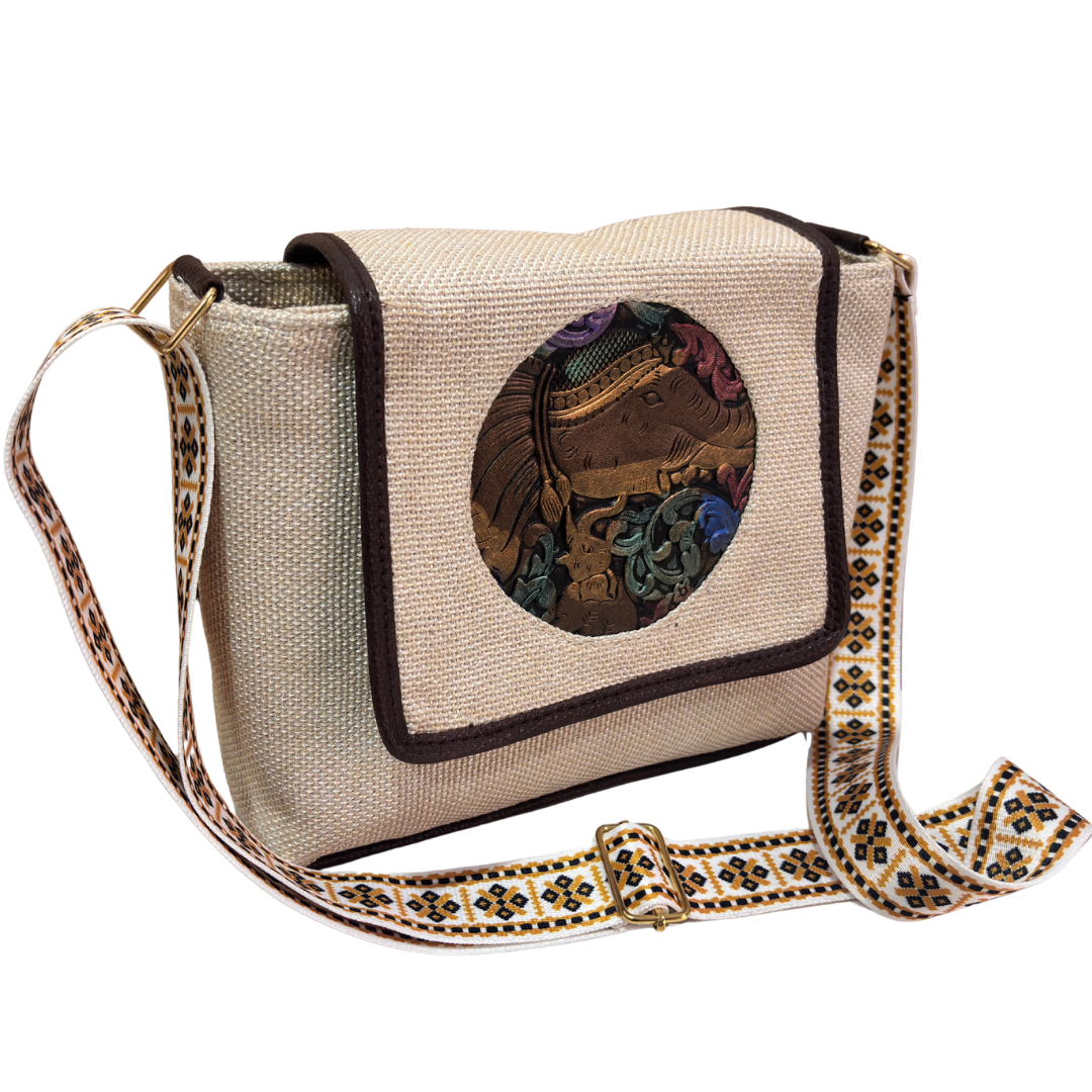 Medallion Embossed Jute Sling Bag