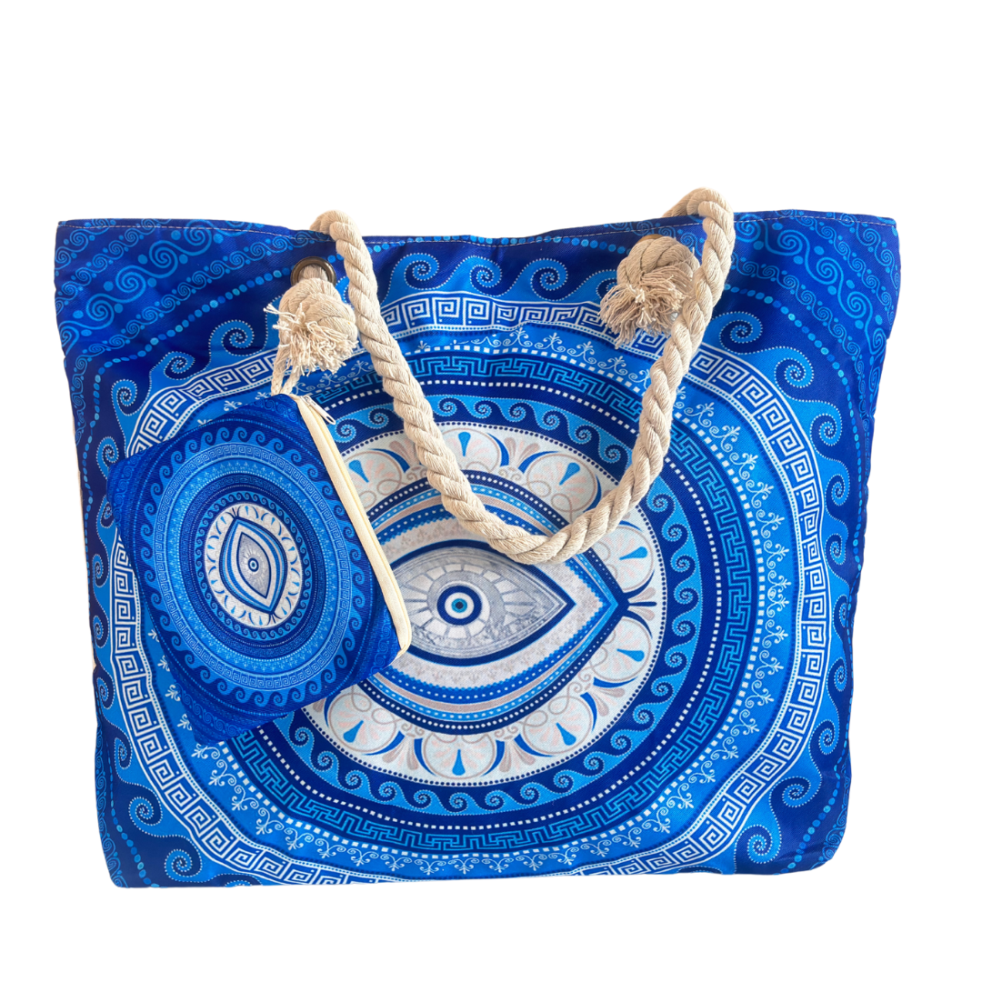 The Beach Party Edition:- Blue Evil Eye Print Beach Tote Bag with complimentary Pouch - The House of RajPadmini