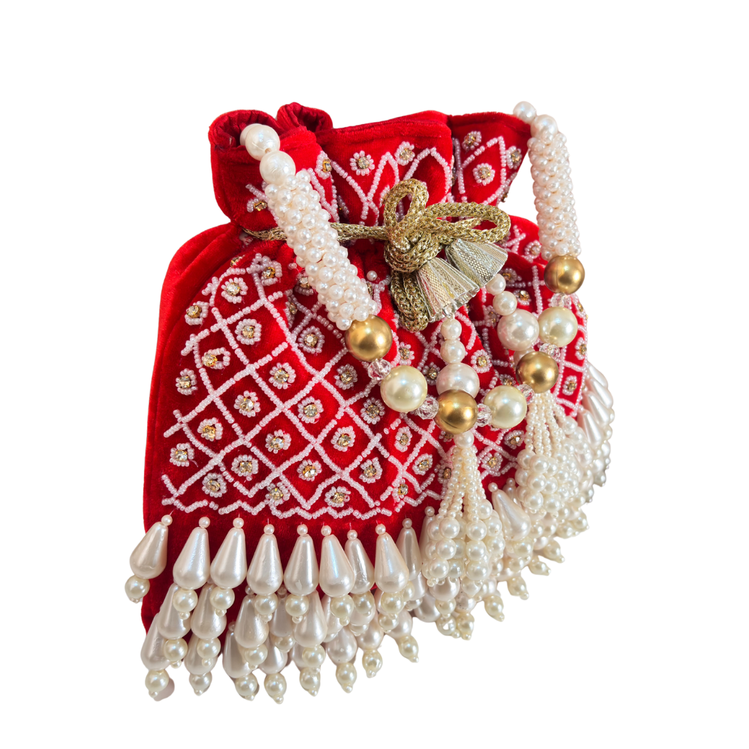 The House of RajPadmini Velvet Pearl Embroidered Potli Bag
