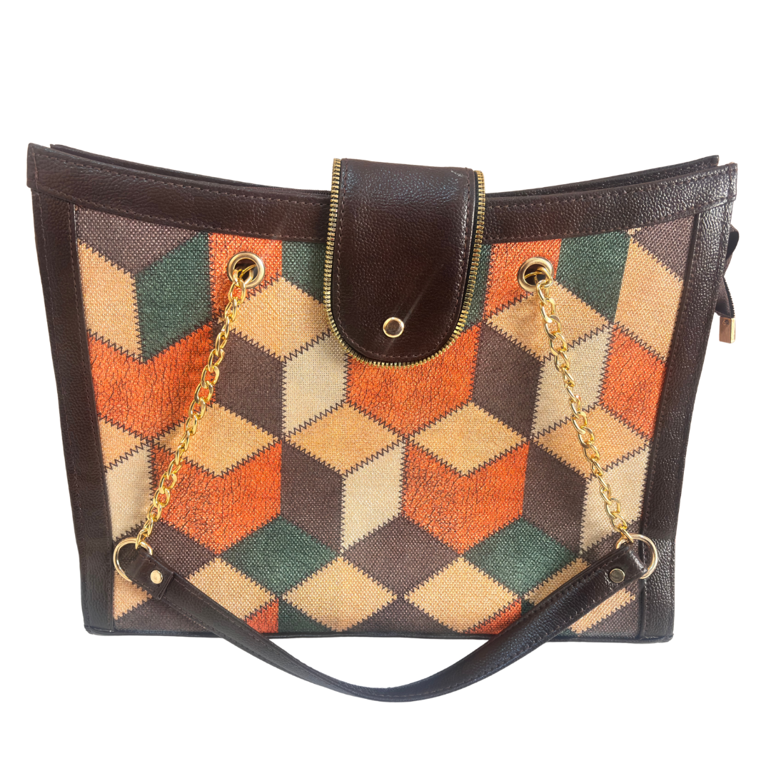 Chain Handle Tote Bag for Women | Rajasthani Block Print with Gold Chain Handles & Matching Pouch