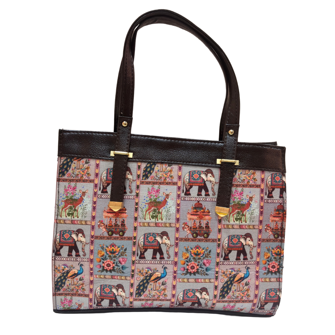 Rajwada Convertible Handbag for Women | Ethnic Chevron Print with Detachable Strap & Matching Pouch | Office to Evening
