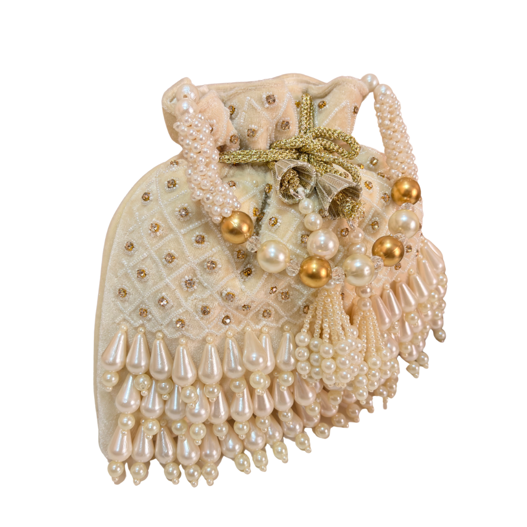 The House of RajPadmini Velvet Pearl Embroidered Potli Bag